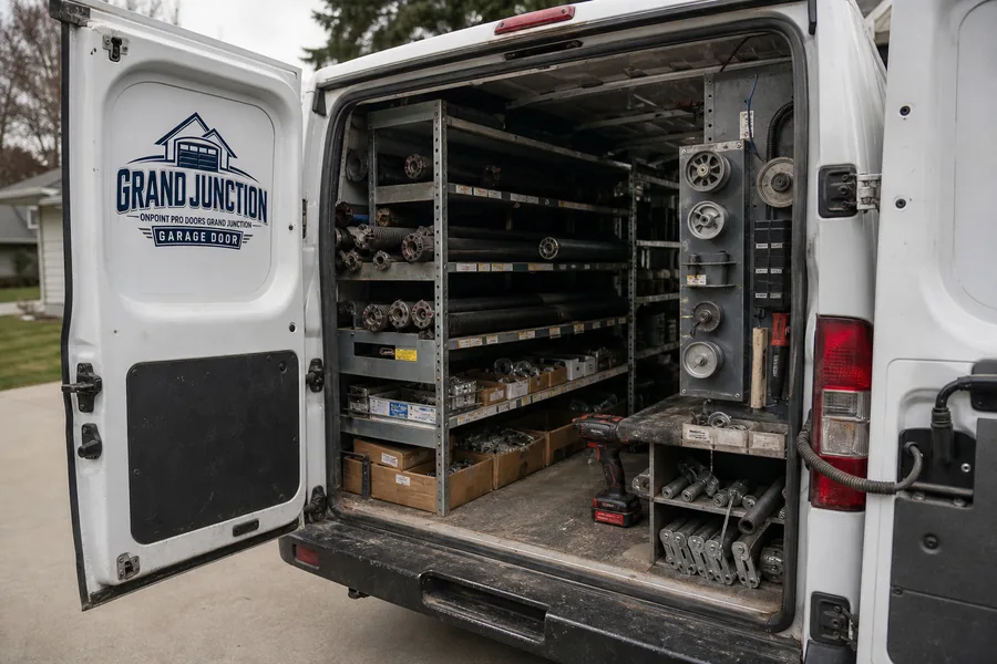 Inside the OnPoint Pro Doors Grand Junction truck: springs, rollers, drums and hinges stocked for Grand Junction