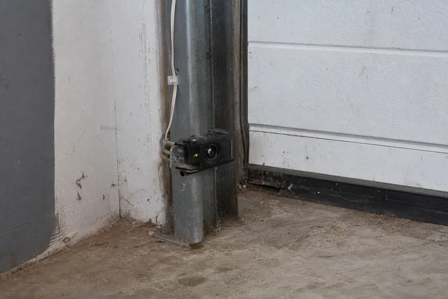 Photo-eye safety sensor at the base of a garage door track in Grand Junction, CO