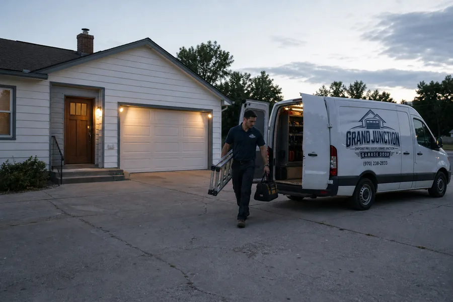 A OnPoint Pro Doors Grand Junction technician bringing a torsion spring from the truck in Grand Junction, CO